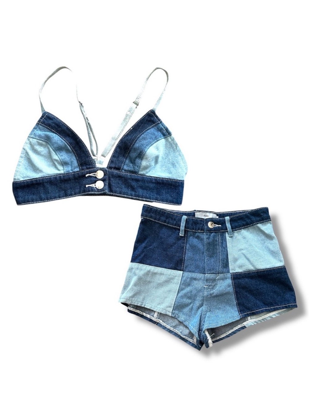 Blue Jean Denim Color Block Bralette & Shorts Set Women’s Size Small Baddie